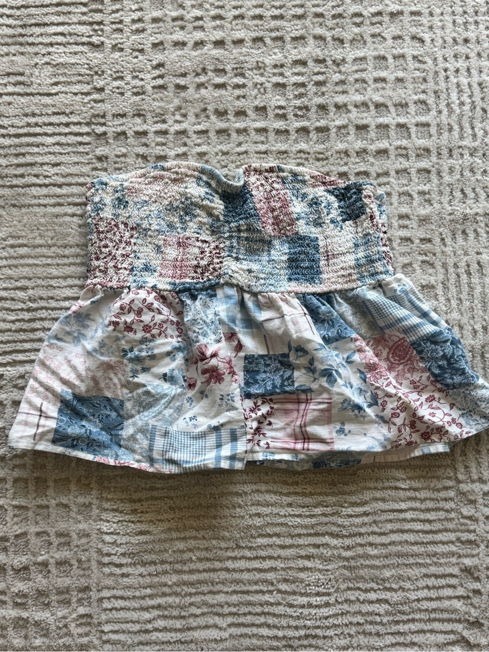 Smocked Patchwork Mini Skirt in Blue and Red